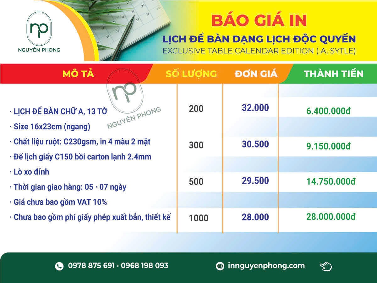 Báo giá in lịch Tết